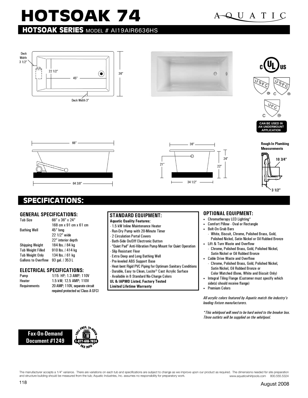 Aquatic AI19AIR6636HS specifications Hotsoak, Specifications, Fax-On-Demand Document #1249 