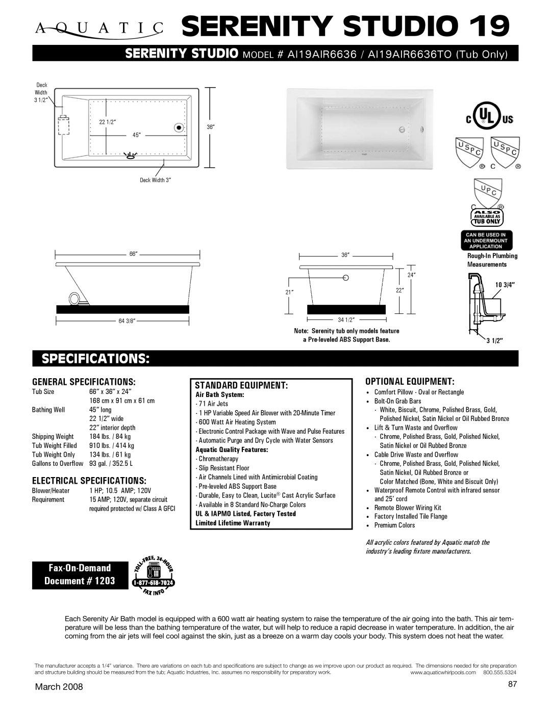 Aquatic AI19AIR6636TO specifications General Specifications, Electrical Specifications, Standard equipment 