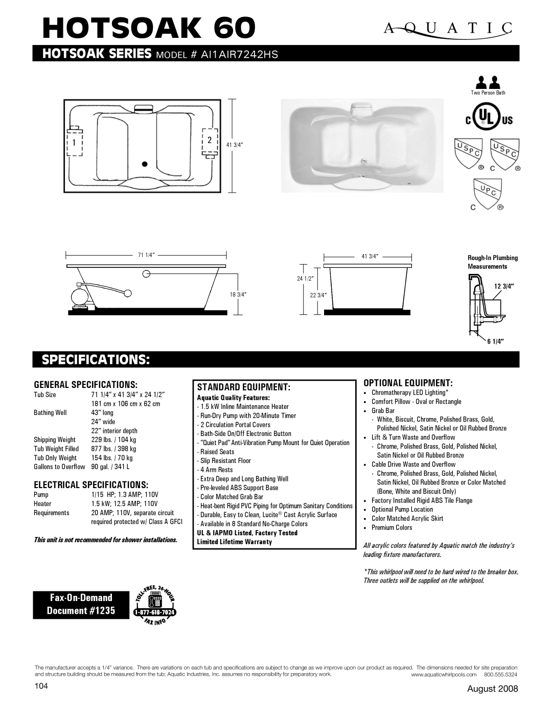 Aquatic AI1AIR7242HS specifications General Specifications, Electrical Specifications, Standard equipment 