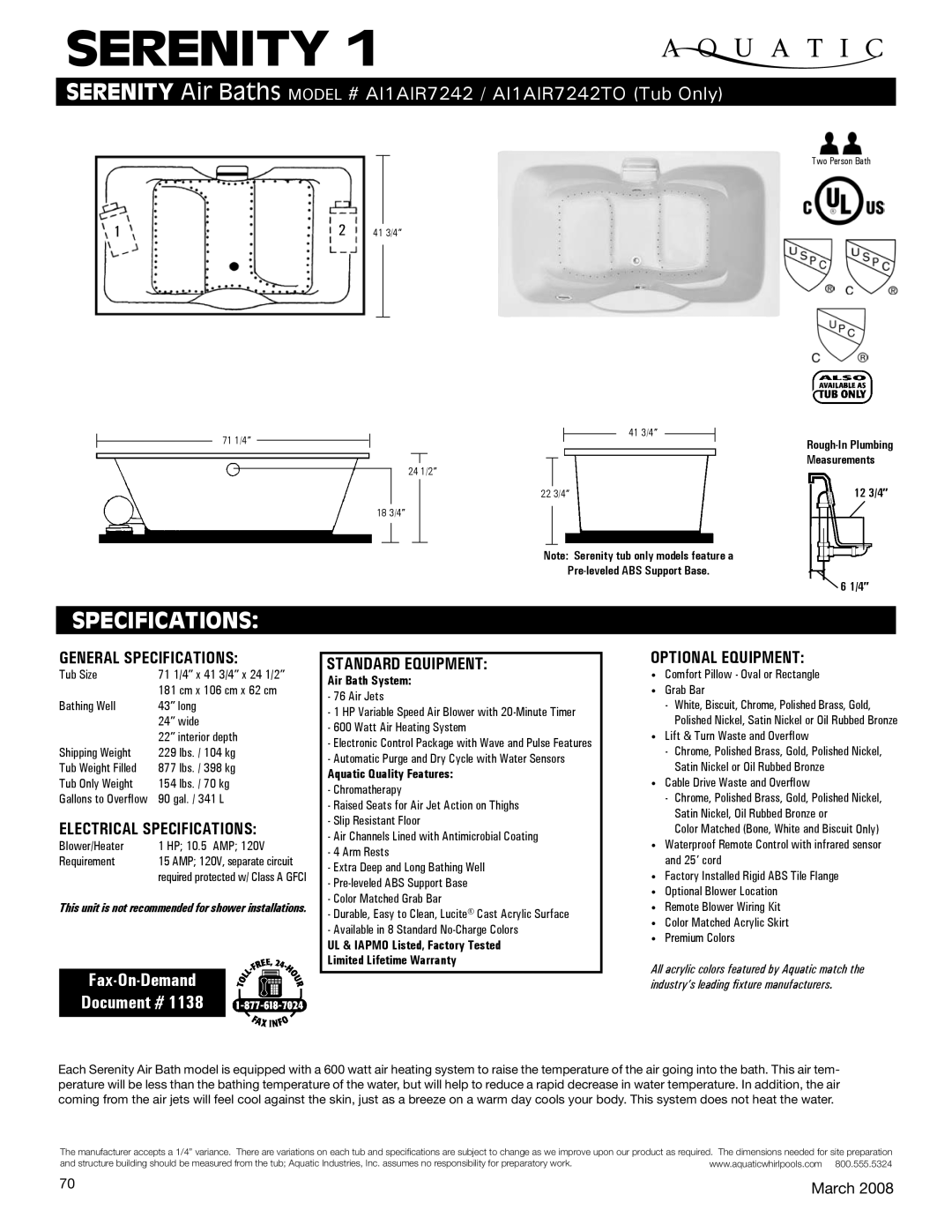 Aquatic AI1AIR7242TO specifications General Specifications, Electrical Specifications, Standard equipment 