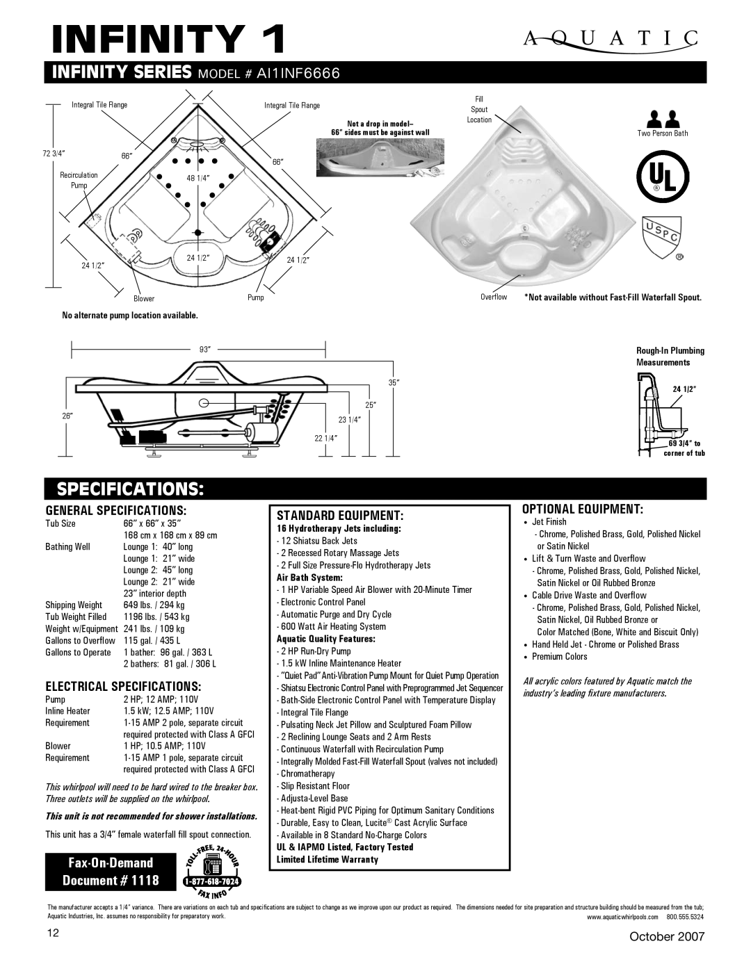 Aquatic AI1INF6666 specifications General Specifications, Electrical Specifications, Standard equipment 