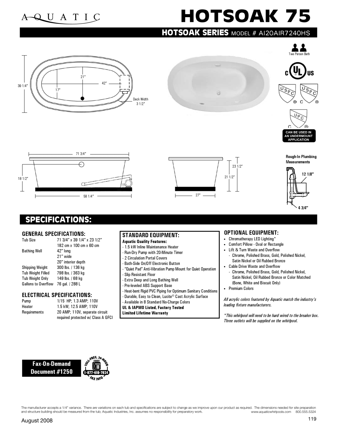 Aquatic AI20AIR7240HS specifications General Specifications, Electrical Specifications, Standard equipment 