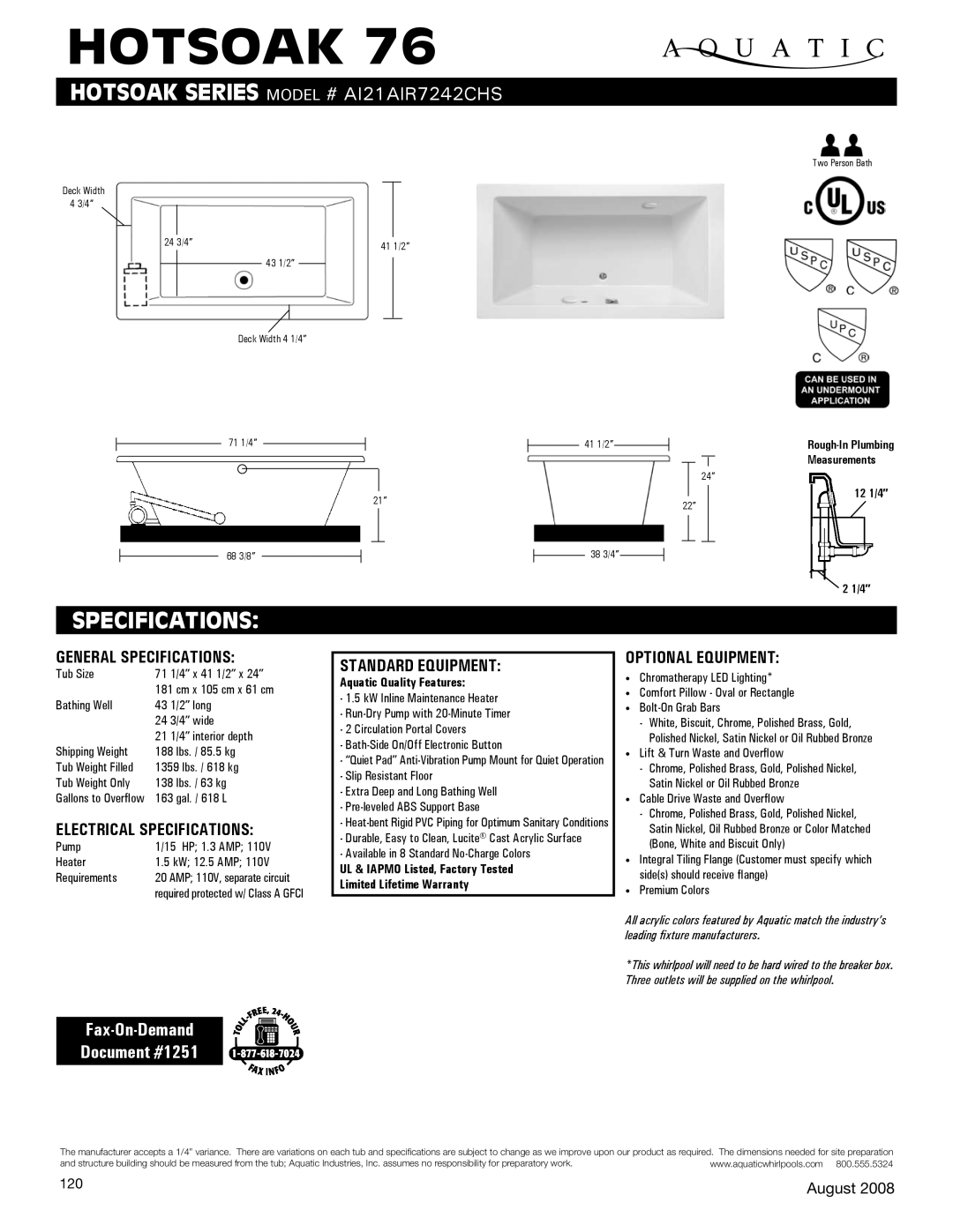 Aquatic AI21AIR7242CHS specifications General Specifications, Electrical Specifications, Standard equipment 