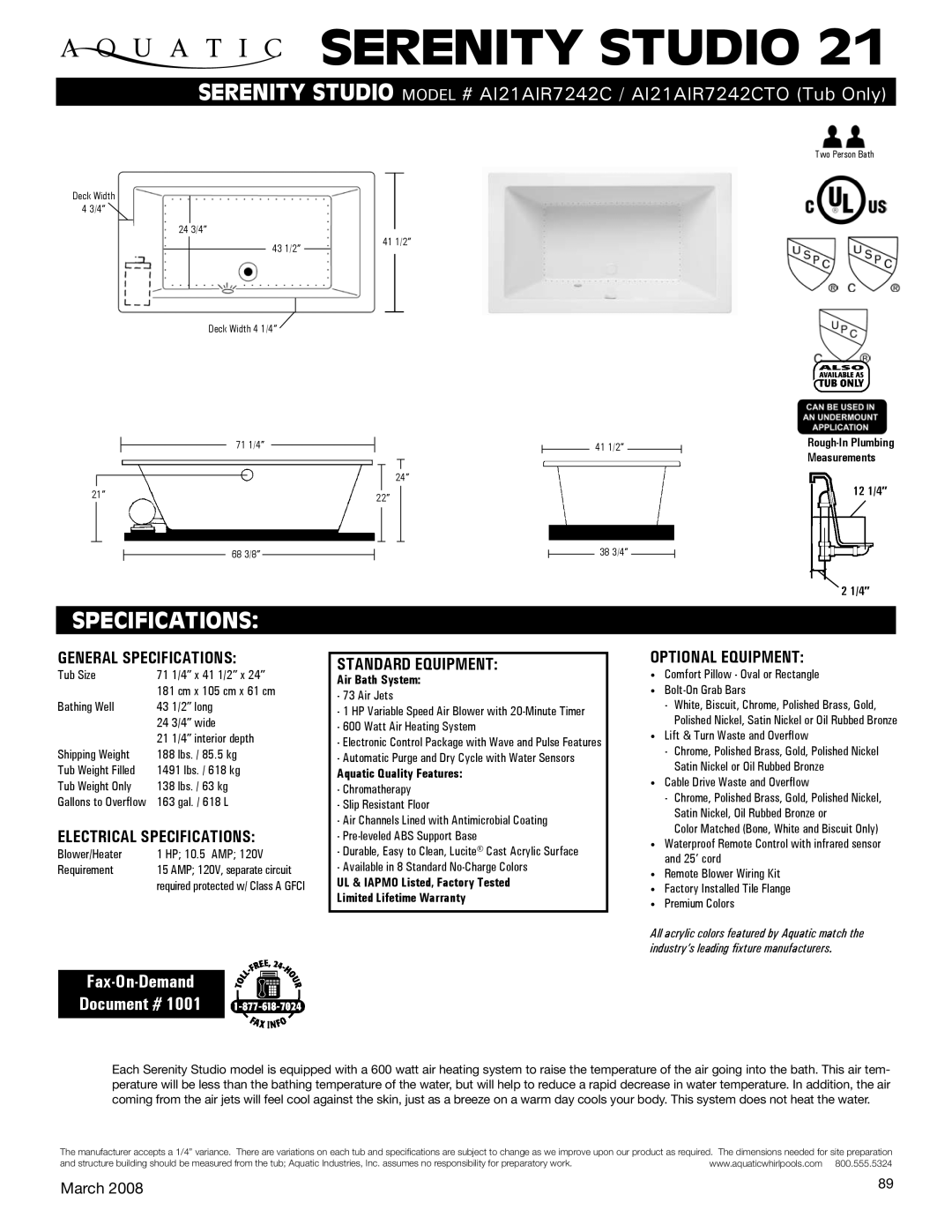 Aquatic AI21AIR7242CTO specifications General Specifications, Electrical Specifications, Standard equipment 