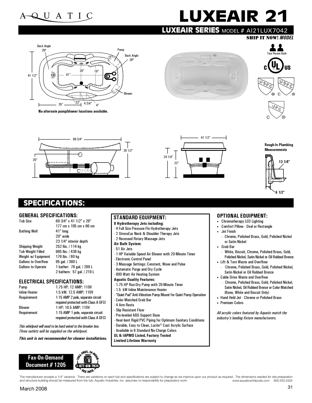 Aquatic ai21lux7042 specifications General Specifications, Electrical Specifications, Standard equipment 