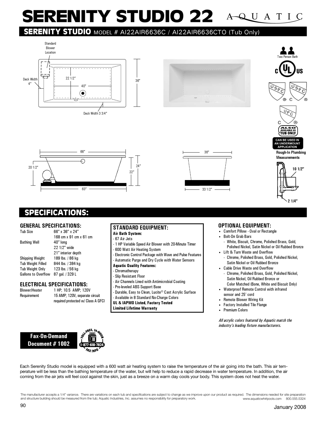 Aquatic AI22AIR6636CTO specifications General Specifications, Electrical Specifications, Standard equipment 