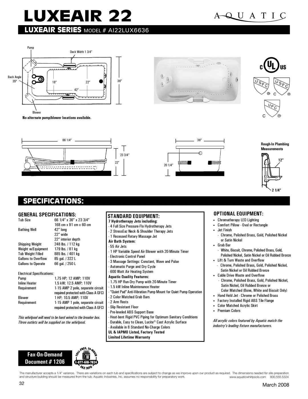 Aquatic AI22lux6636 specifications General Specifications, Standard equipment, Optional equipment 