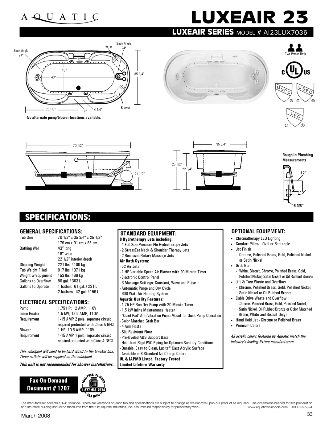 Aquatic ai23lux7036 specifications General Specifications, Electrical Specifications, Standard equipment 