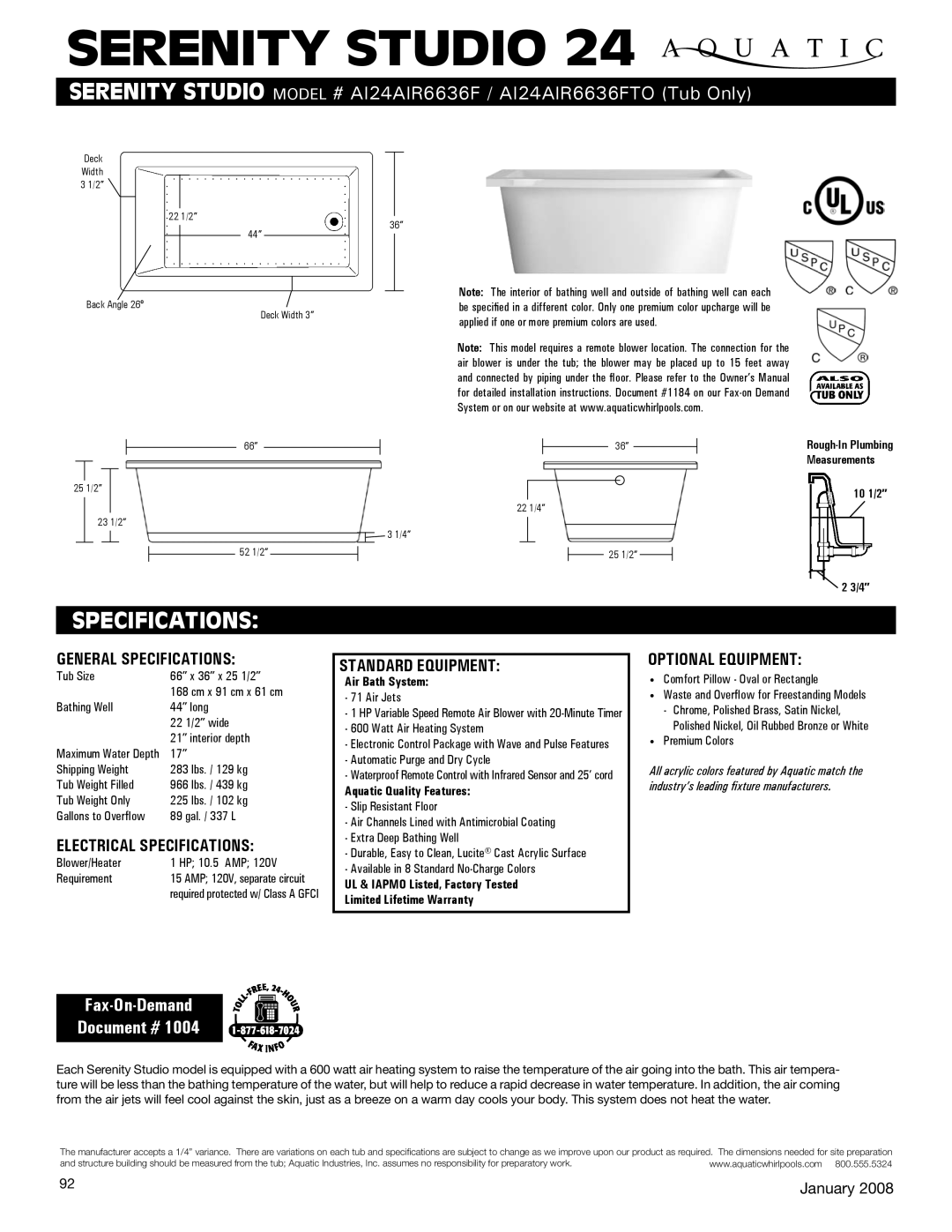 Aquatic AI24AIR6636FTO specifications Serenity studio, Specifications, Fax-On-Demand Document # 