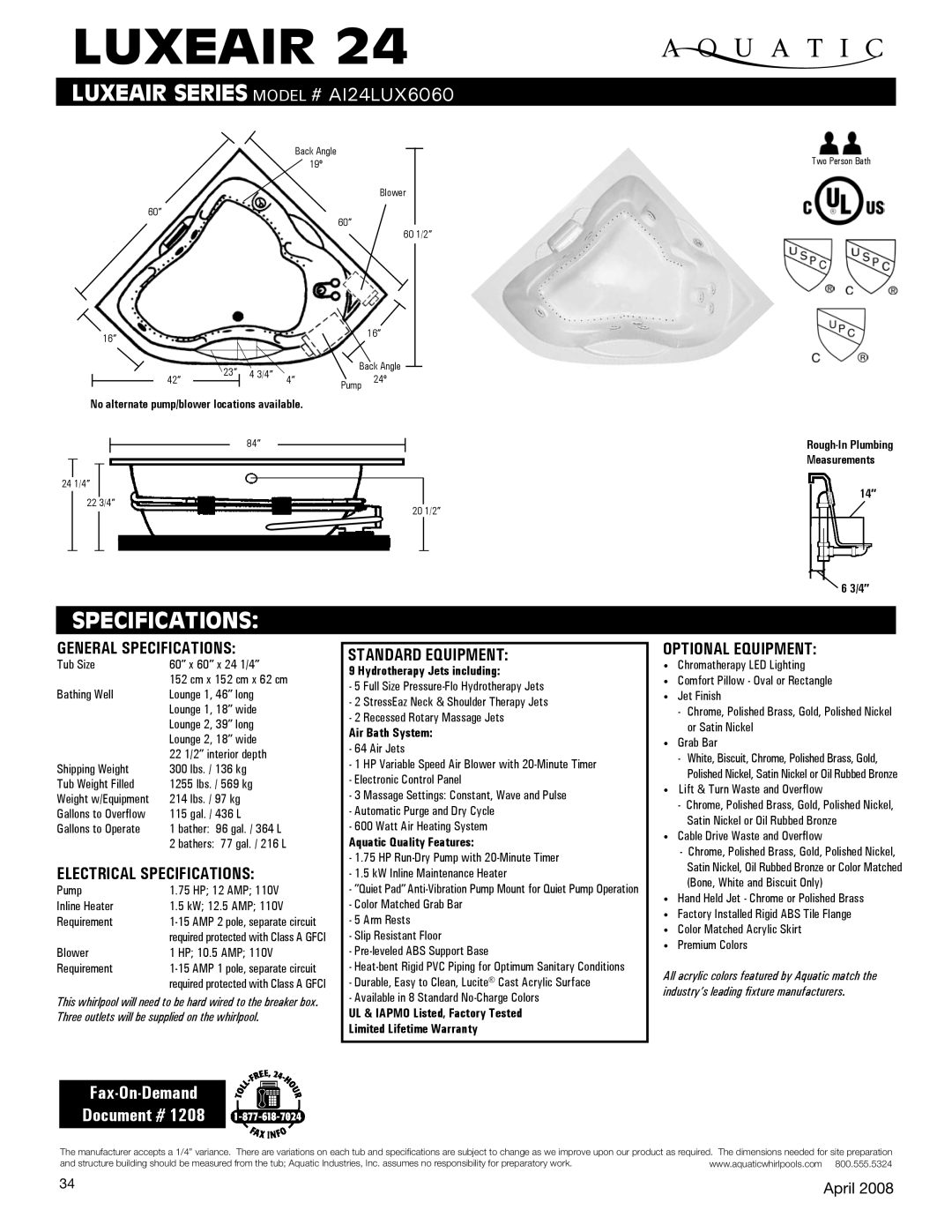 Aquatic ai24lux6060 specifications General Specifications, Electrical Specifications, Standard equipment 