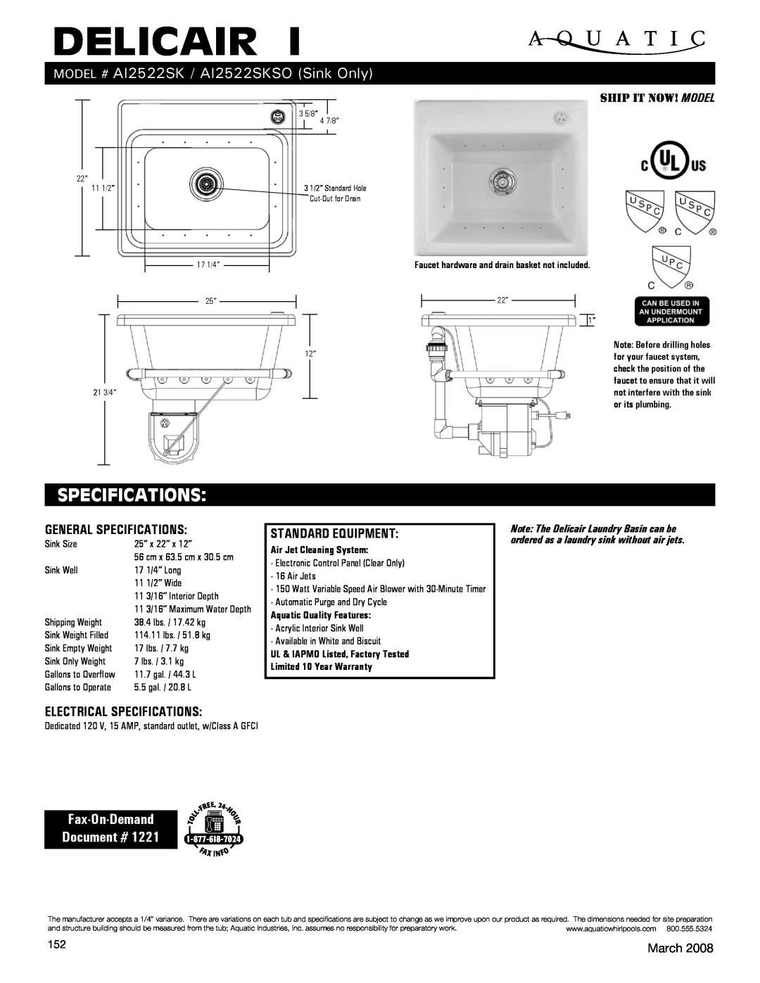 Aquatic specifications delicair, Specifications, model # AI2522SK / AI2522SKSO Sink Only, Fax-On-Demand Document # 