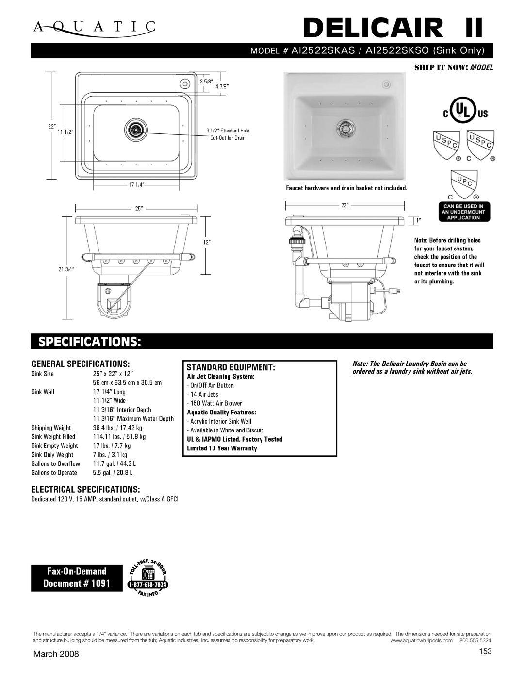 Aquatic specifications Delicair, Specifications, Model # AI2522SKAS / AI2522SKSO Sink Only, Fax-On-Demand Document # 