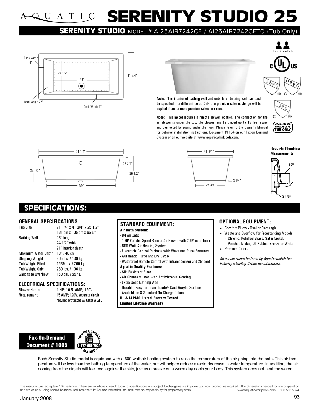 Aquatic AI25AIR7242CFTO specifications Serenity studio, Specifications, Fax-On-Demand Document # 