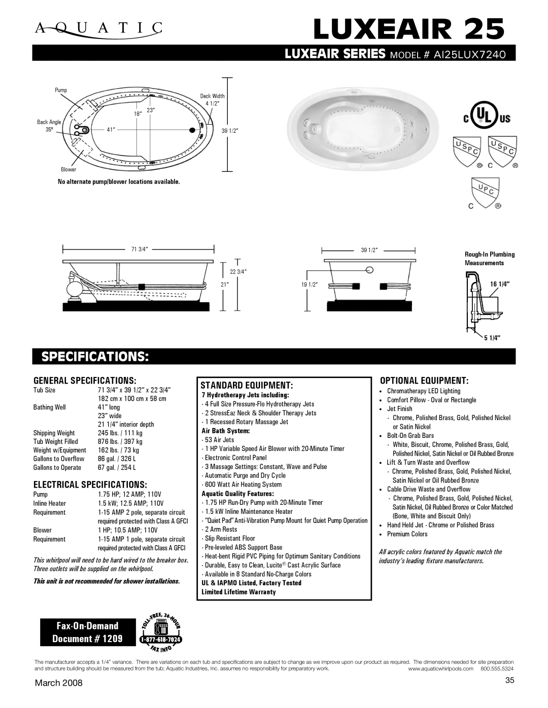 Aquatic ai25lux7240 specifications General Specifications, Electrical Specifications, Standard equipment 