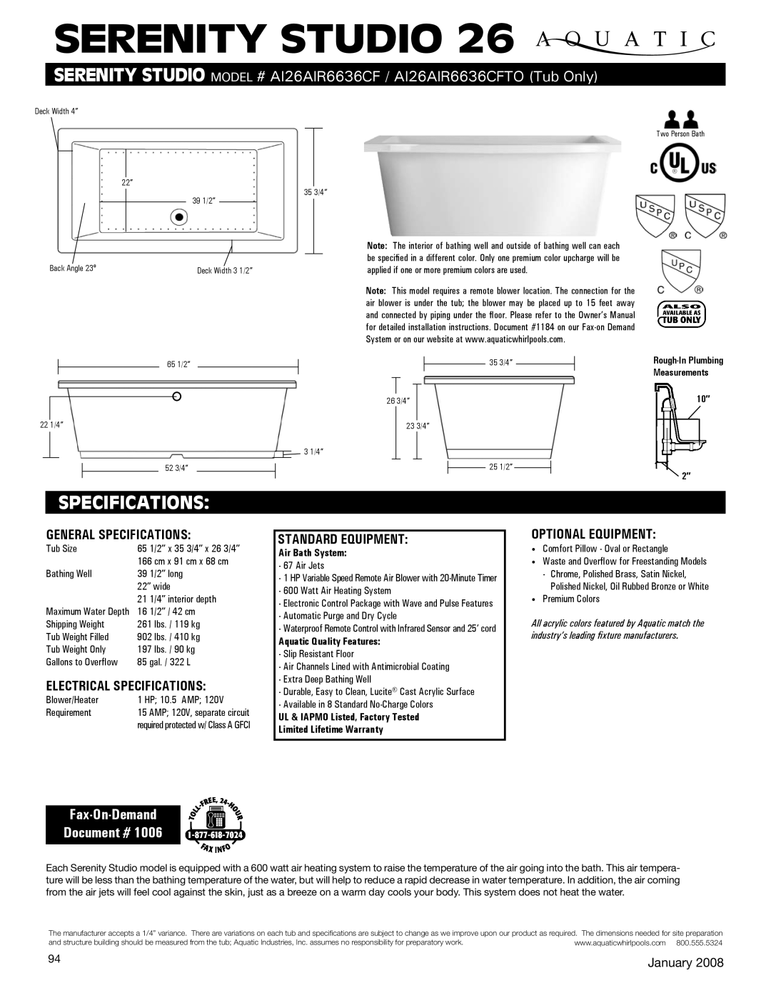 Aquatic AI26AIR6636CFTO specifications Serenity studio, Specifications, Fax-On-Demand Document # 