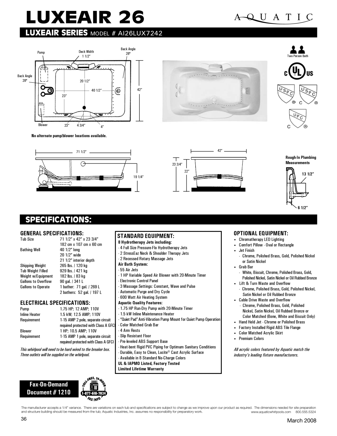 Aquatic ai26lux7242 specifications General Specifications, Electrical Specifications, Standard equipment 