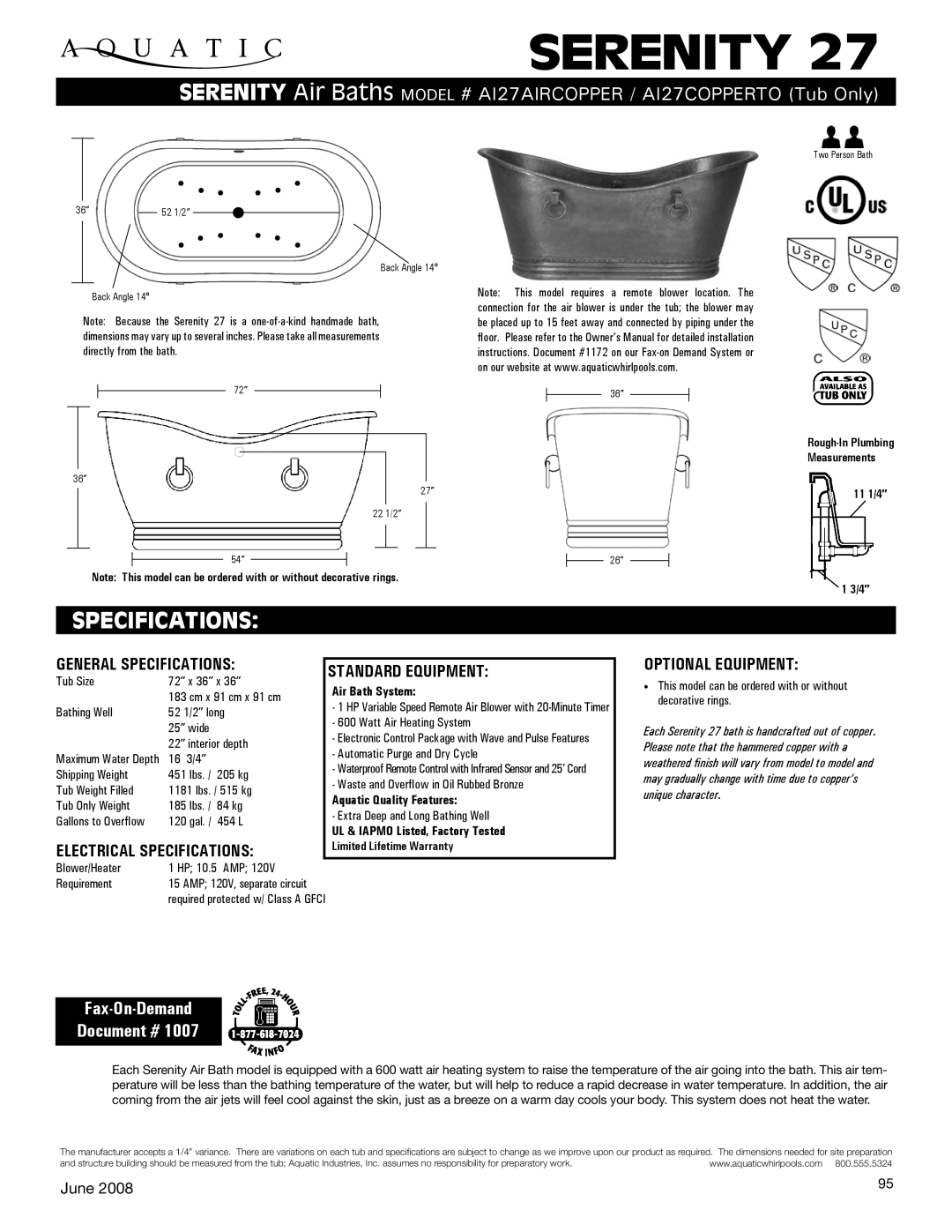 Aquatic AI27AIRCOPPER, AI27COPPERTO specifications Serenity, Specifications, Fax-On-Demand Document # 