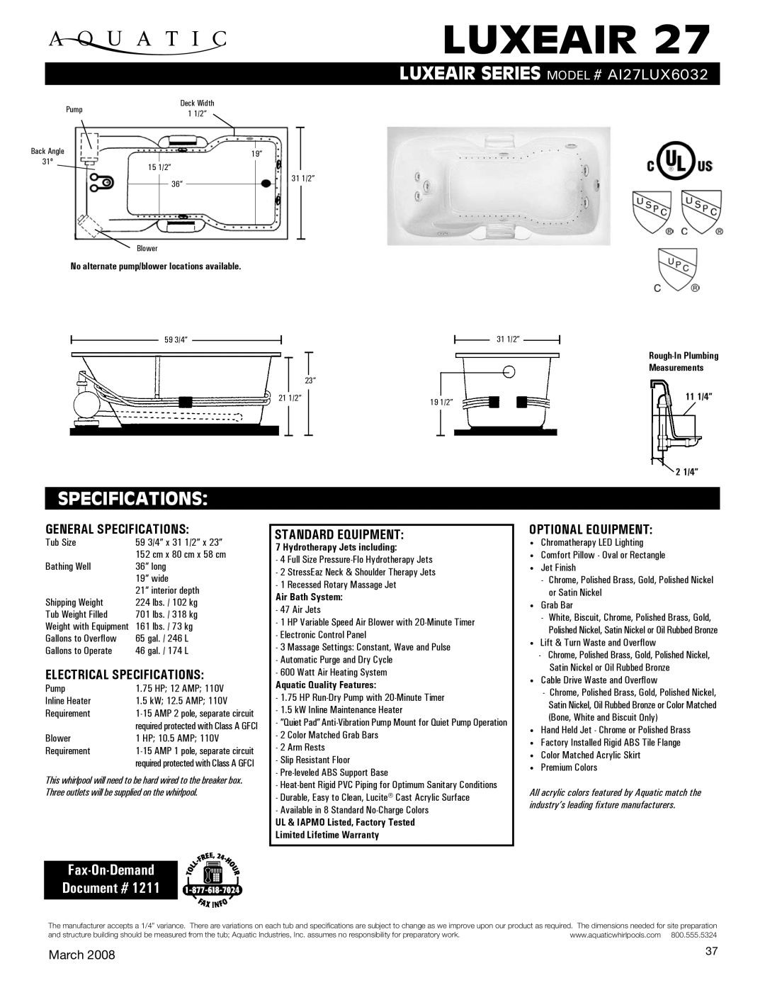 Aquatic ai27lux6032 specifications Rough-In Plumbing Measurements, Hydrotherapy Jets including, Air Bath System 