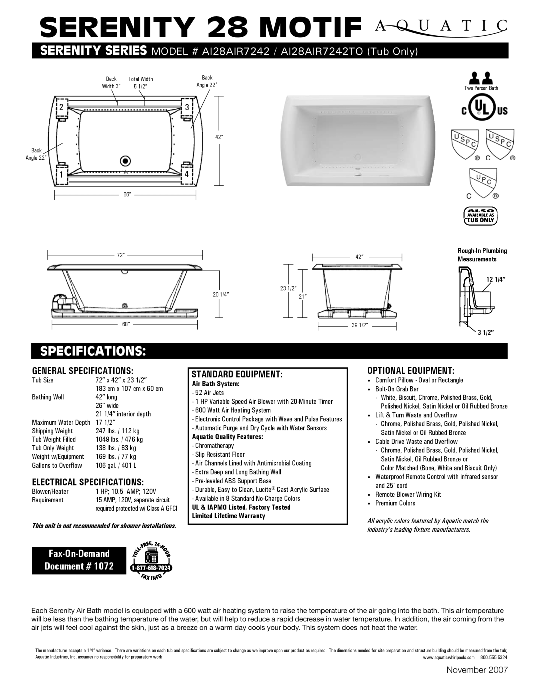 Aquatic AI28AIR7242 specifications General Specifications, Electrical Specifications, Standard equipment 