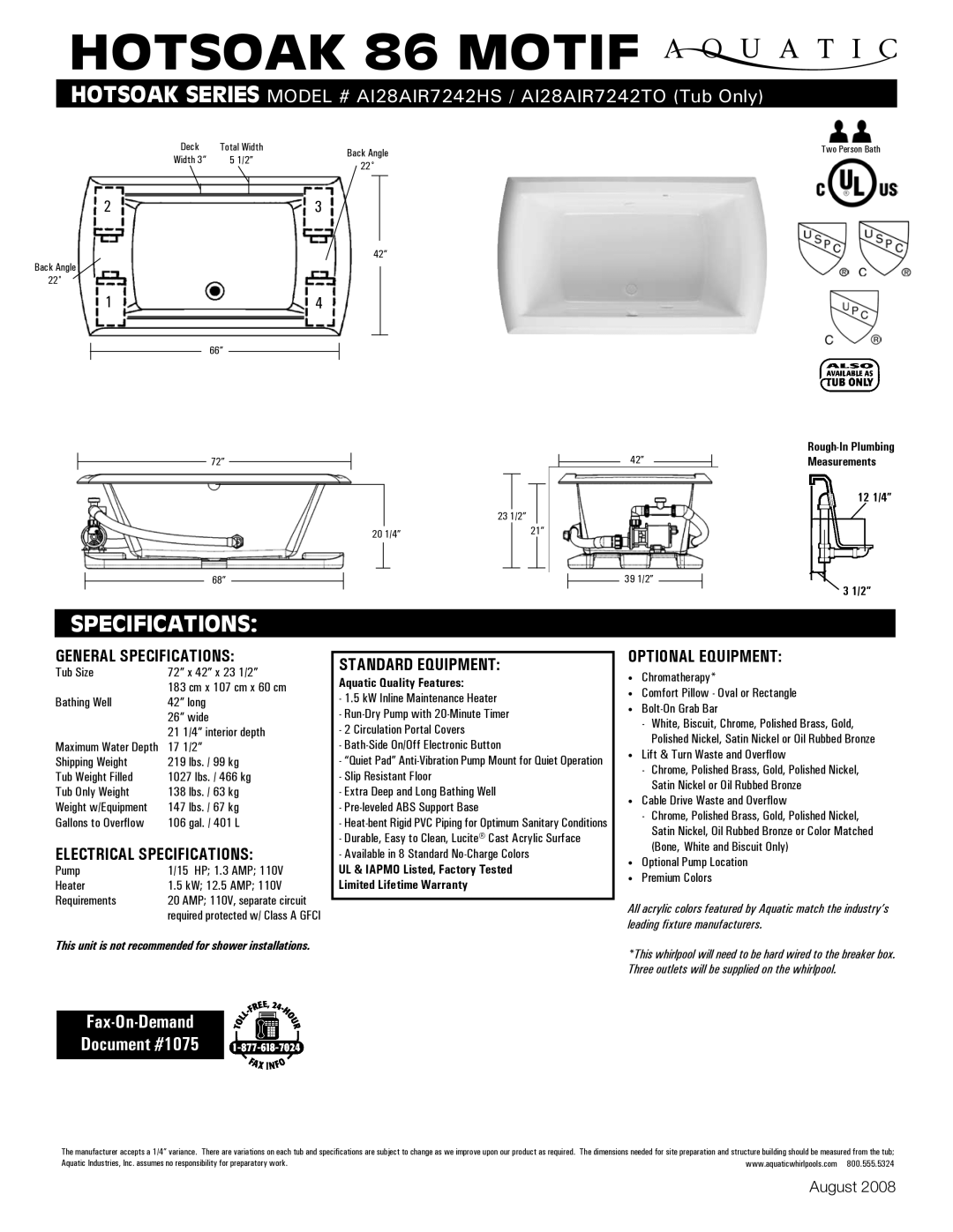 Aquatic AI28AIR7242HS specifications General Specifications, Electrical Specifications, Standard equipment 