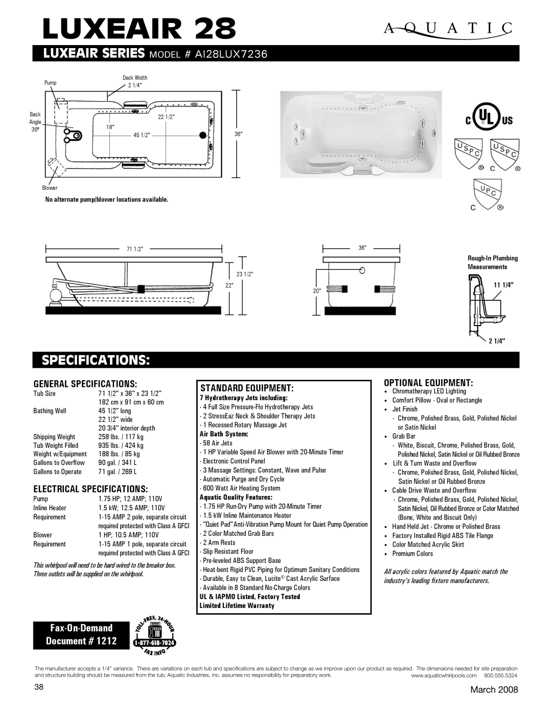 Aquatic ai28lux7236 specifications General Specifications, Electrical Specifications, Standard equipment 