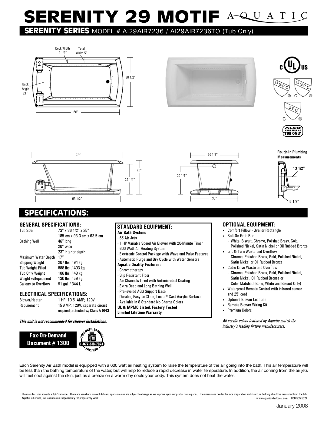 Aquatic AI29AIR7236 specifications General Specifications, Electrical Specifications, Standard equipment 