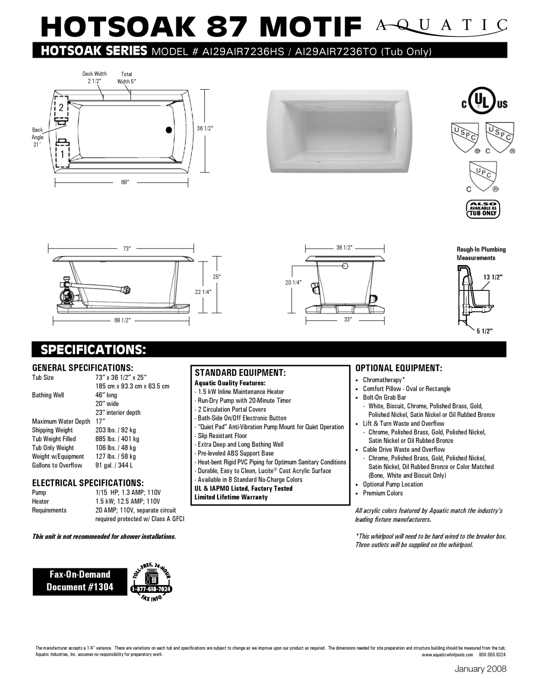 Aquatic AI29AIR7236HS specifications General Specifications, Electrical Specifications, Standard equipment 