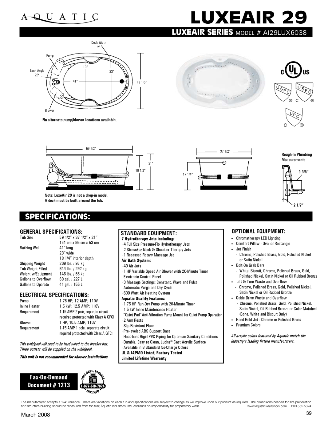 Aquatic ai29lux6038 specifications General Specifications, Electrical Specifications, Standard equipment 