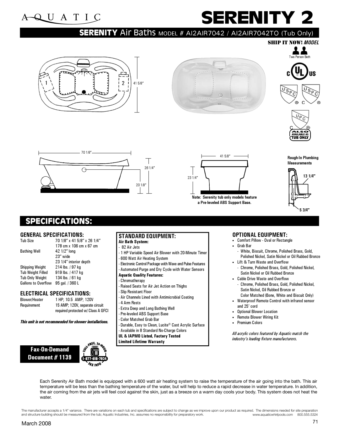 Aquatic AI2AIR7042TO specifications General Specifications, Electrical Specifications, Standard equipment 