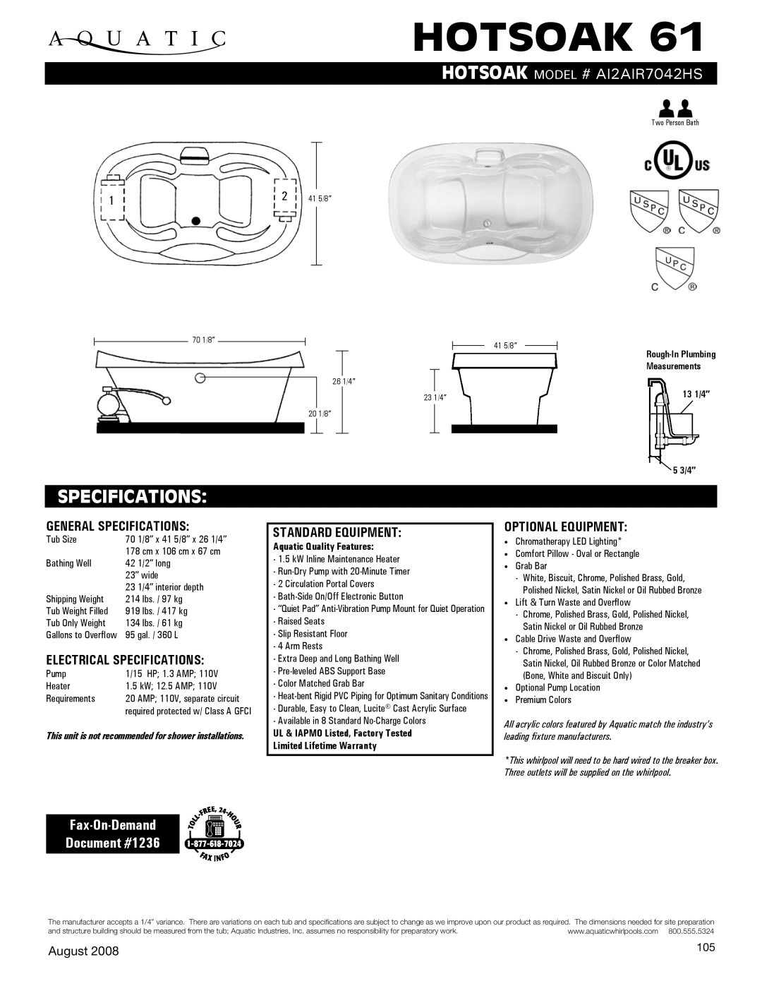 Aquatic AI2AIR7042HS specifications General Specifications, Electrical Specifications, Standard equipment 