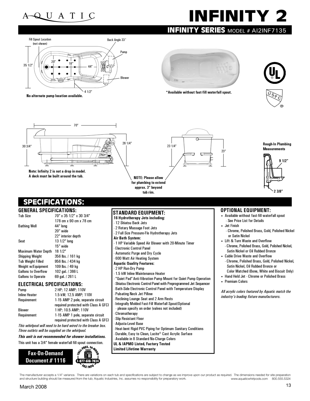 Aquatic AI2INF7135 specifications General Specifications, Electrical Specifications, Standard equipment 