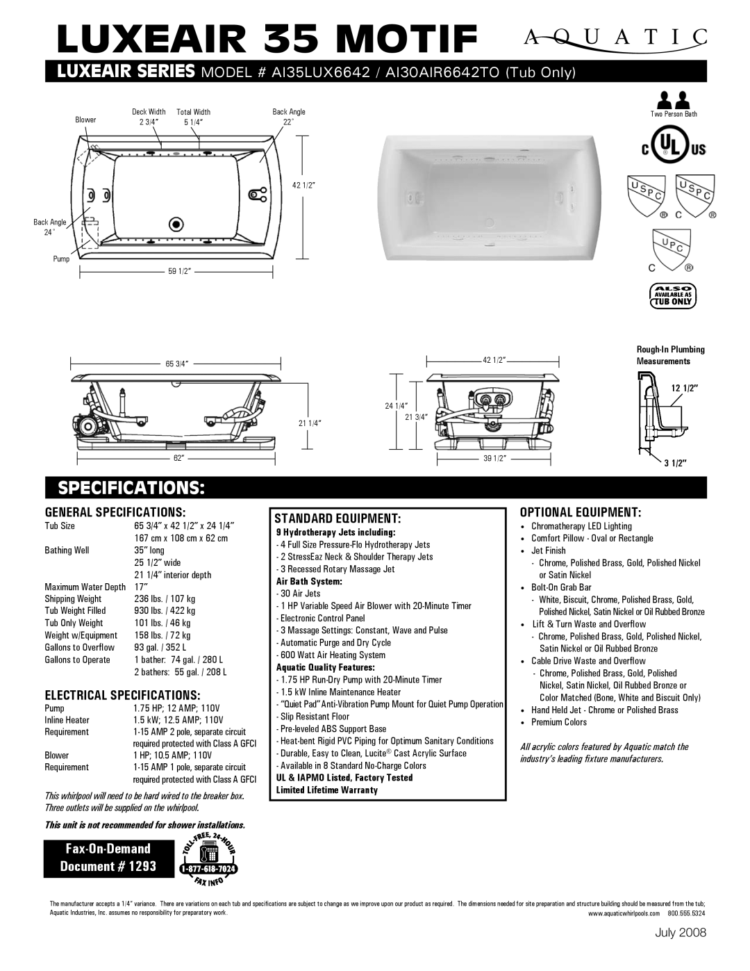 Aquatic AI30AIR6642TO specifications General Specifications, Electrical Specifications, Standard equipment 