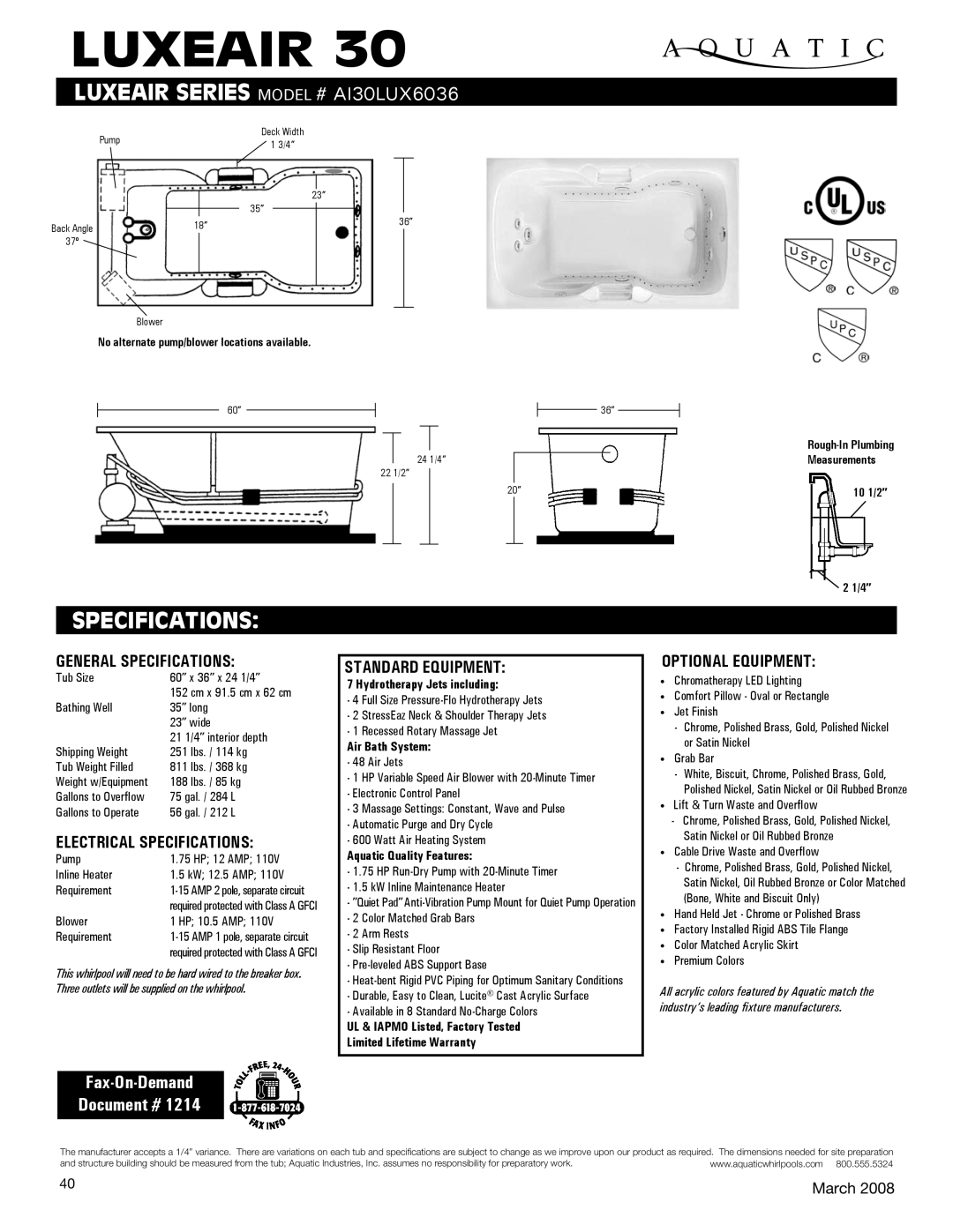 Aquatic ai30lux6036 specifications General Specifications, Electrical Specifications, Standard equipment 