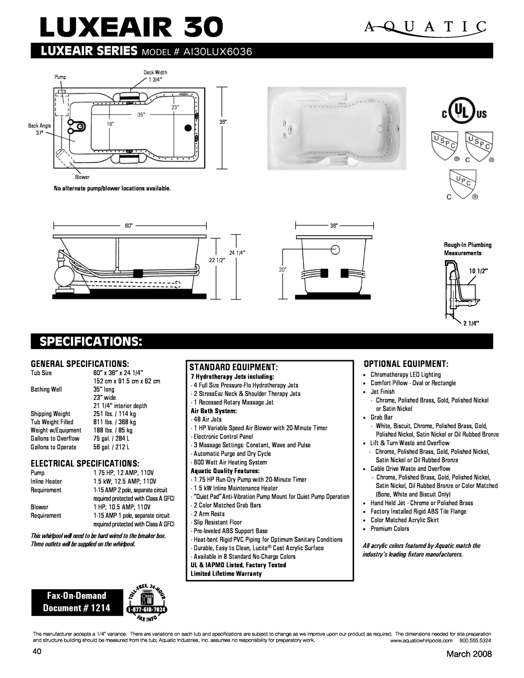 Aquatic specifications luxeair, luxeAir Series Model # ai30lux6036, Specifications, Fax-On-Demand Document #, March 