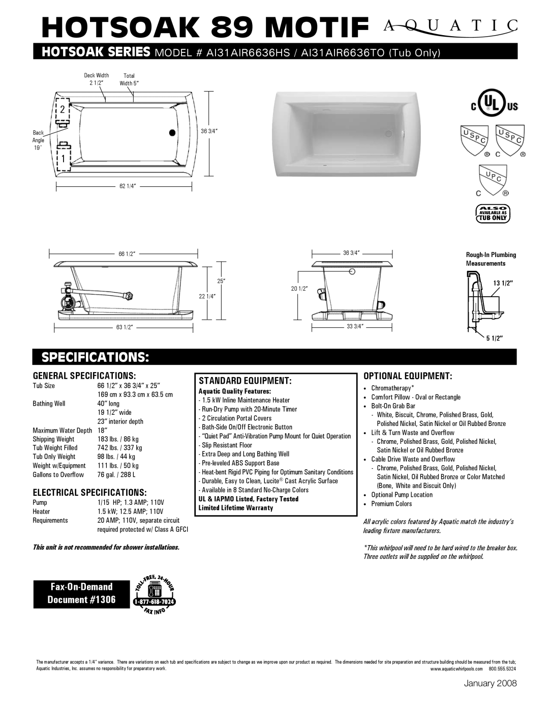 Aquatic AI31AIR6636HS specifications Hotsoak 89 Motif, General Specifications, Electrical Specifications 