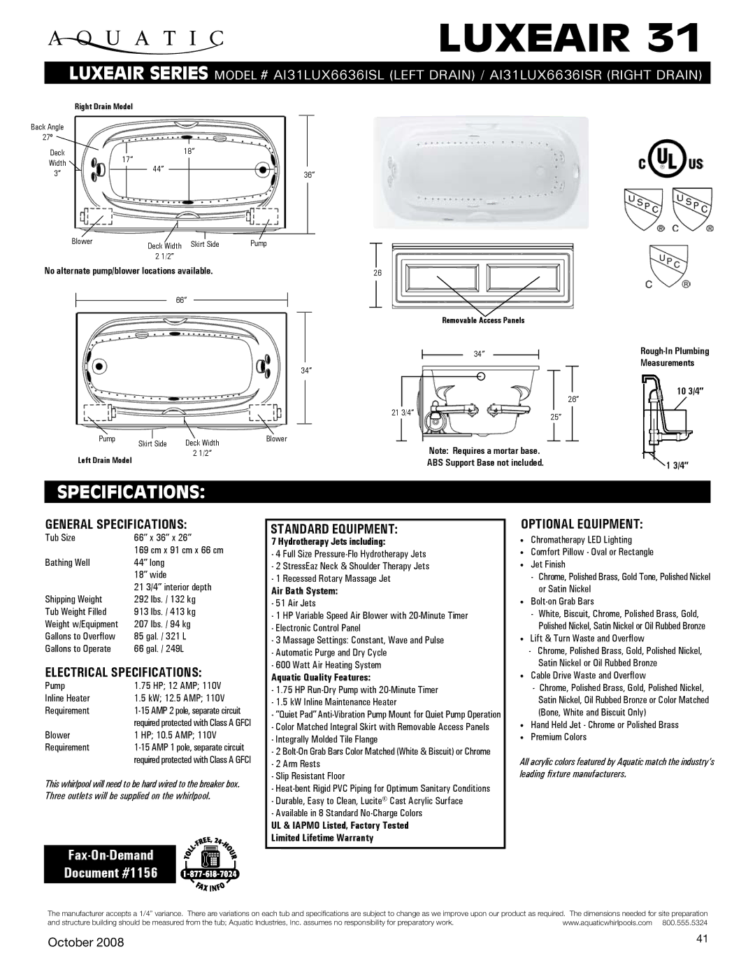 Aquatic AI31LUX6636ISL specifications General Specifications, Electrical Specifications, Standard equipment 