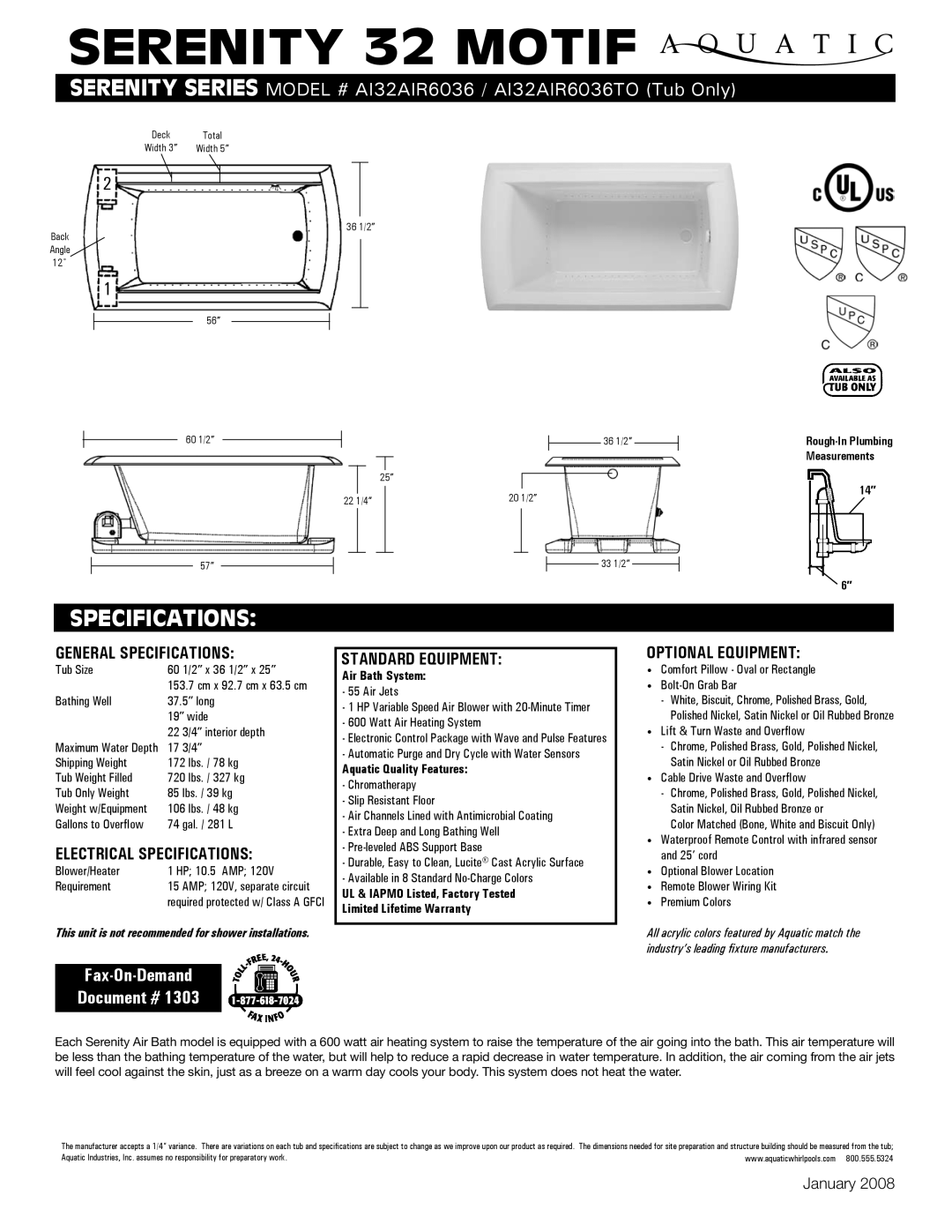 Aquatic AI32AIR6036 specifications General Specifications, Electrical Specifications, Standard equipment 