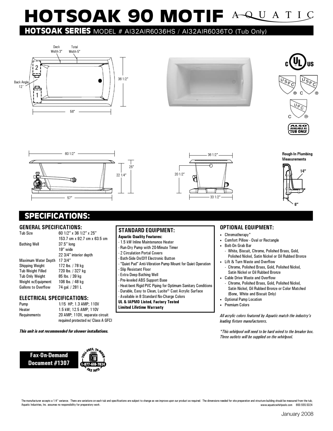 Aquatic AI32AIR6036HS, AI32AIR6036TO specifications General Specifications, Electrical Specifications, Standard equipment 