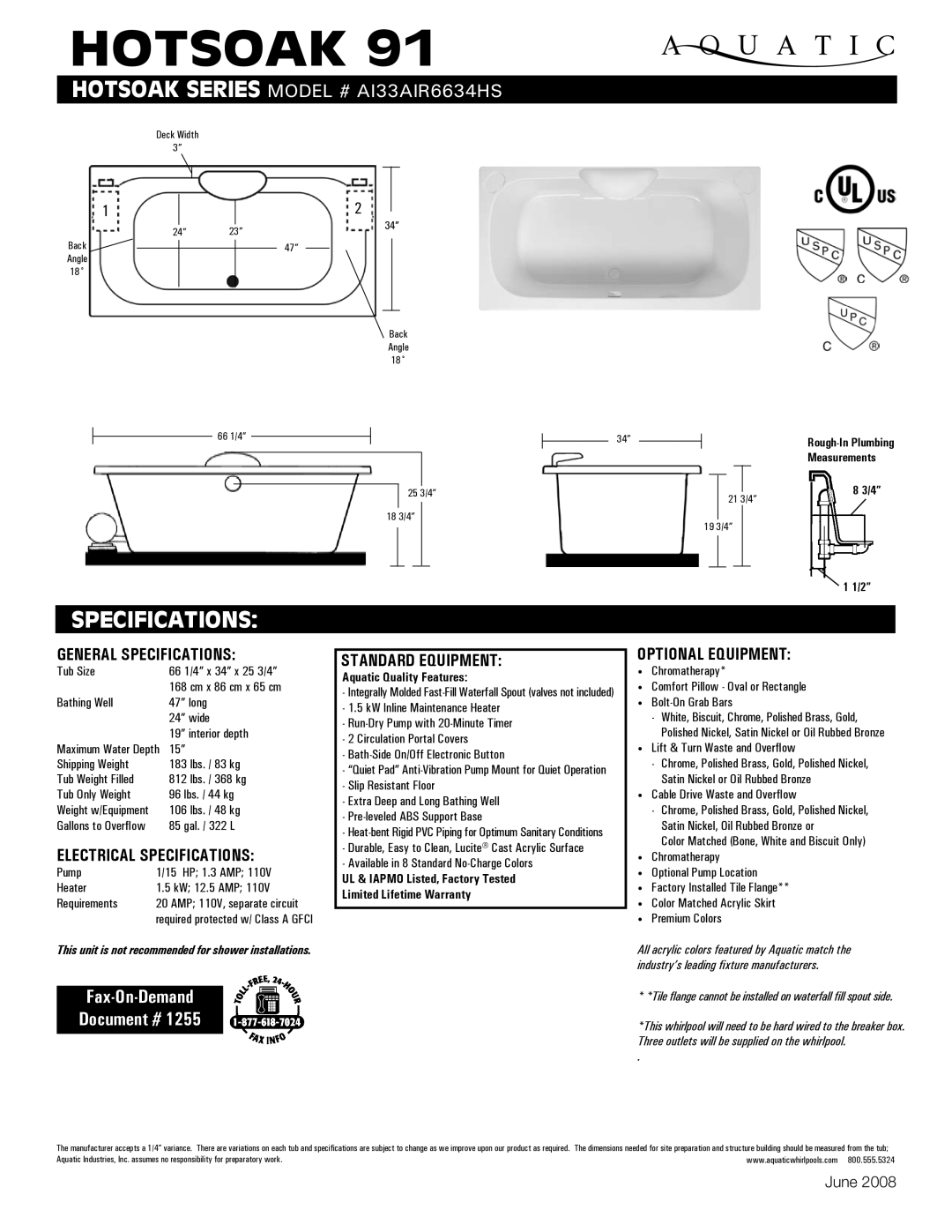 Aquatic AI33AIR6634HS specifications Hotsoak, Specifications, Fax-On-Demand Document # 