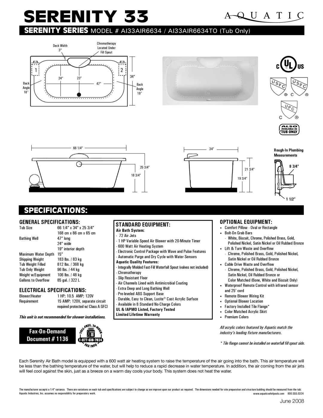 Aquatic AI33AIR6634TO specifications General Specifications, Electrical Specifications, Standard equipment 