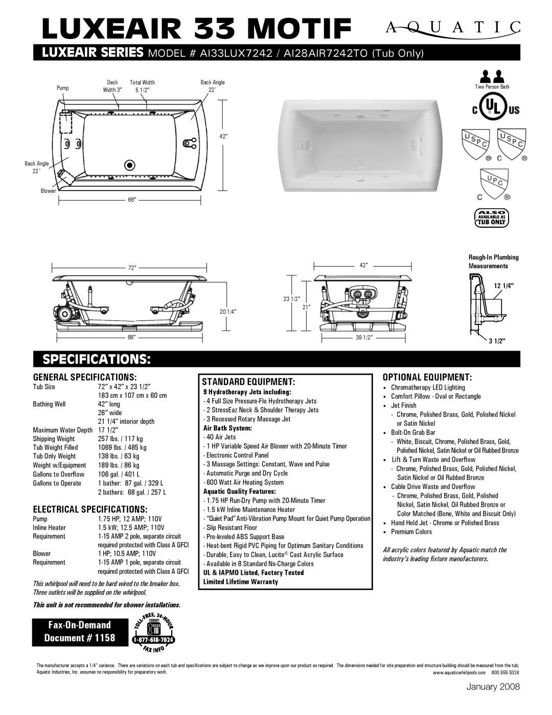 Aquatic AI33lUX7242 specifications General Specifications, Electrical Specifications, Standard equipment 