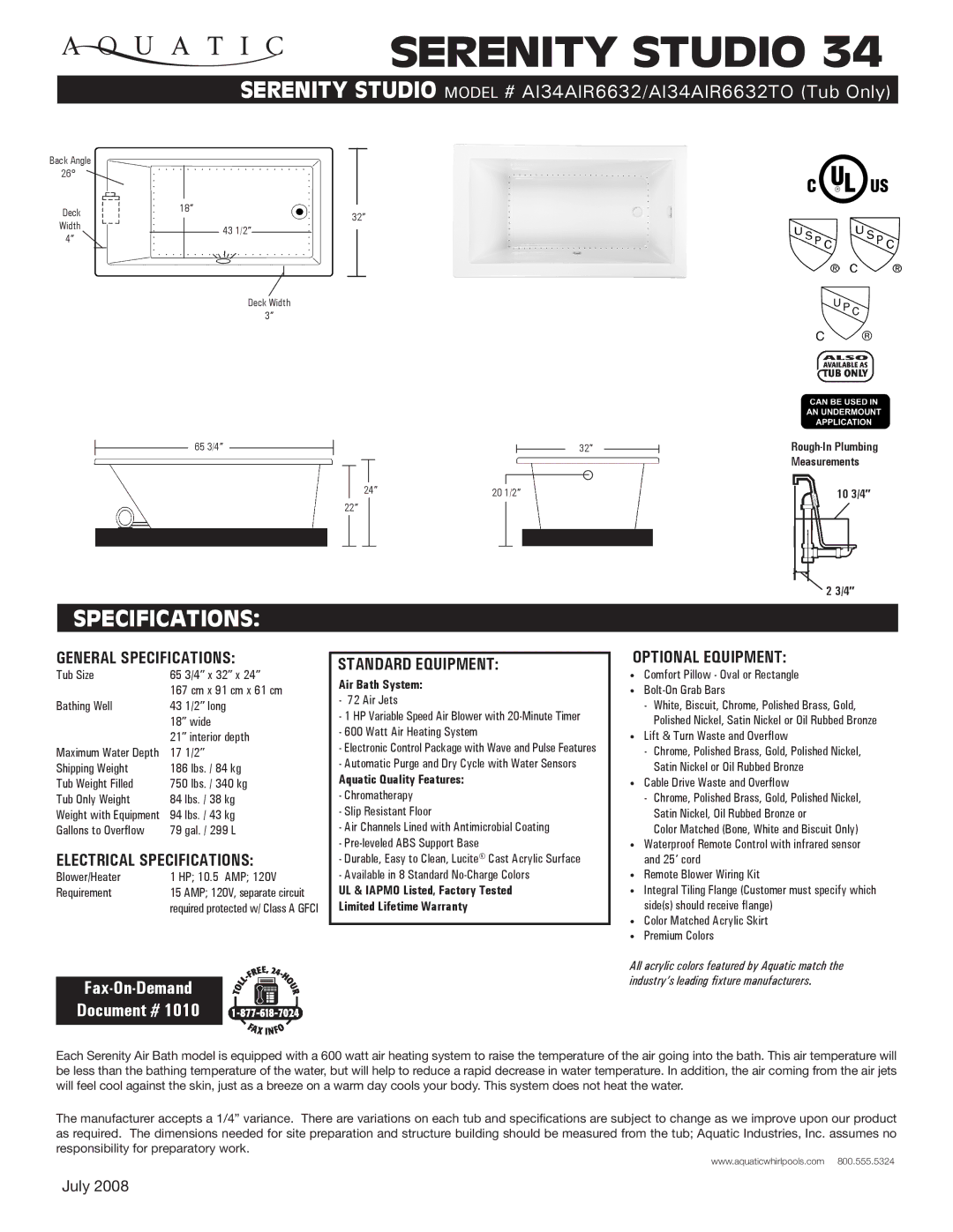 Aquatic AI34AIR6632TO specifications General Specifications, Electrical Specifications, Standard equipment 