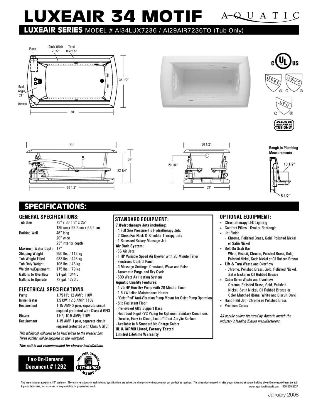 Aquatic AI34LUX7236 specifications General Specifications, Electrical Specifications, Standard equipment 