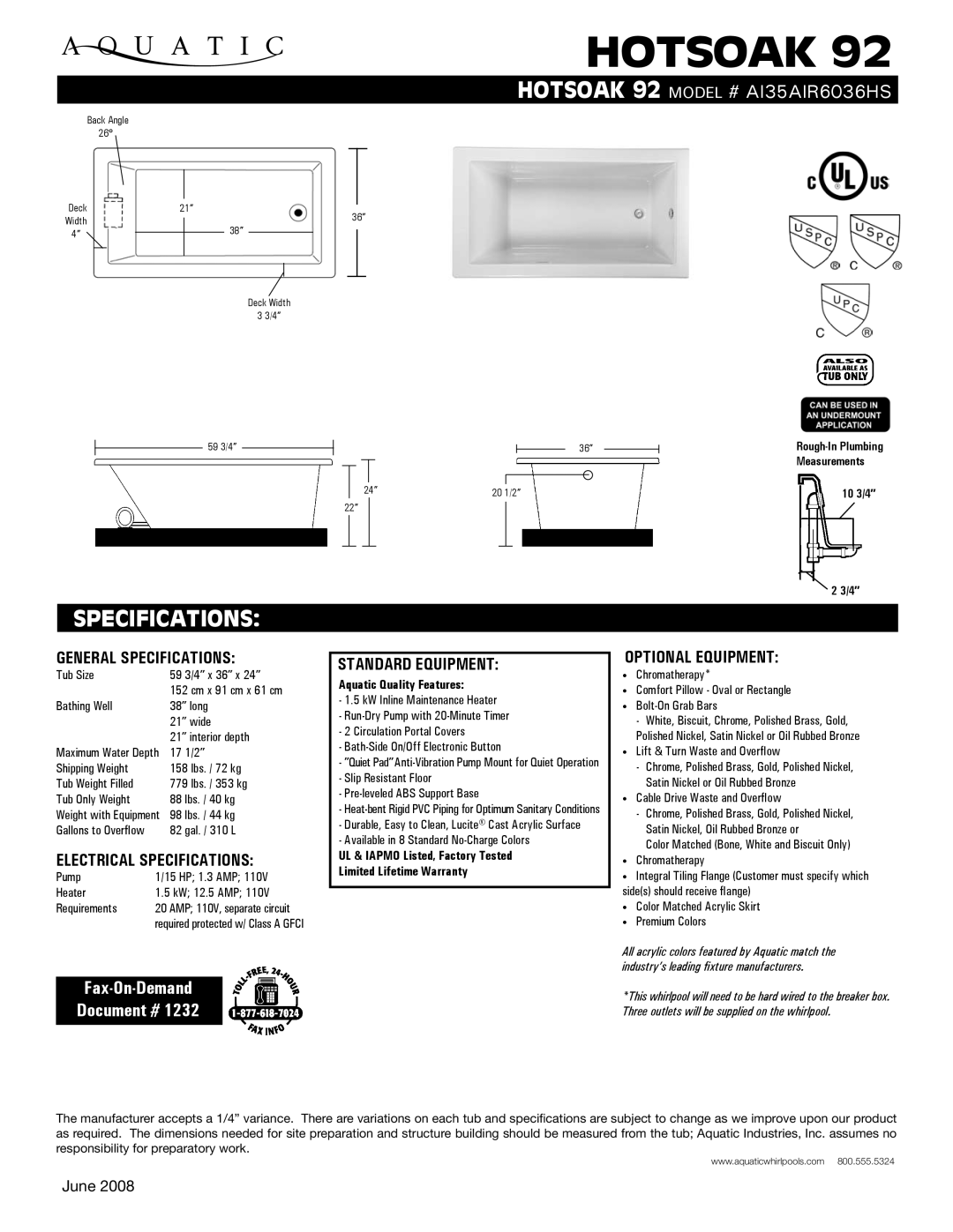 Aquatic AI35AIR6036HS specifications General Specifications, Electrical Specifications, Standard equipment 