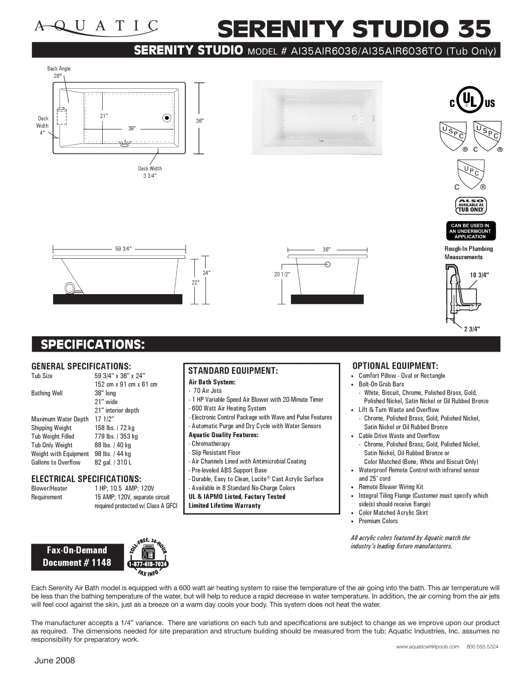 Aquatic AI35AIR6036TO specifications General Specifications, Electrical Specifications, Standard equipment 