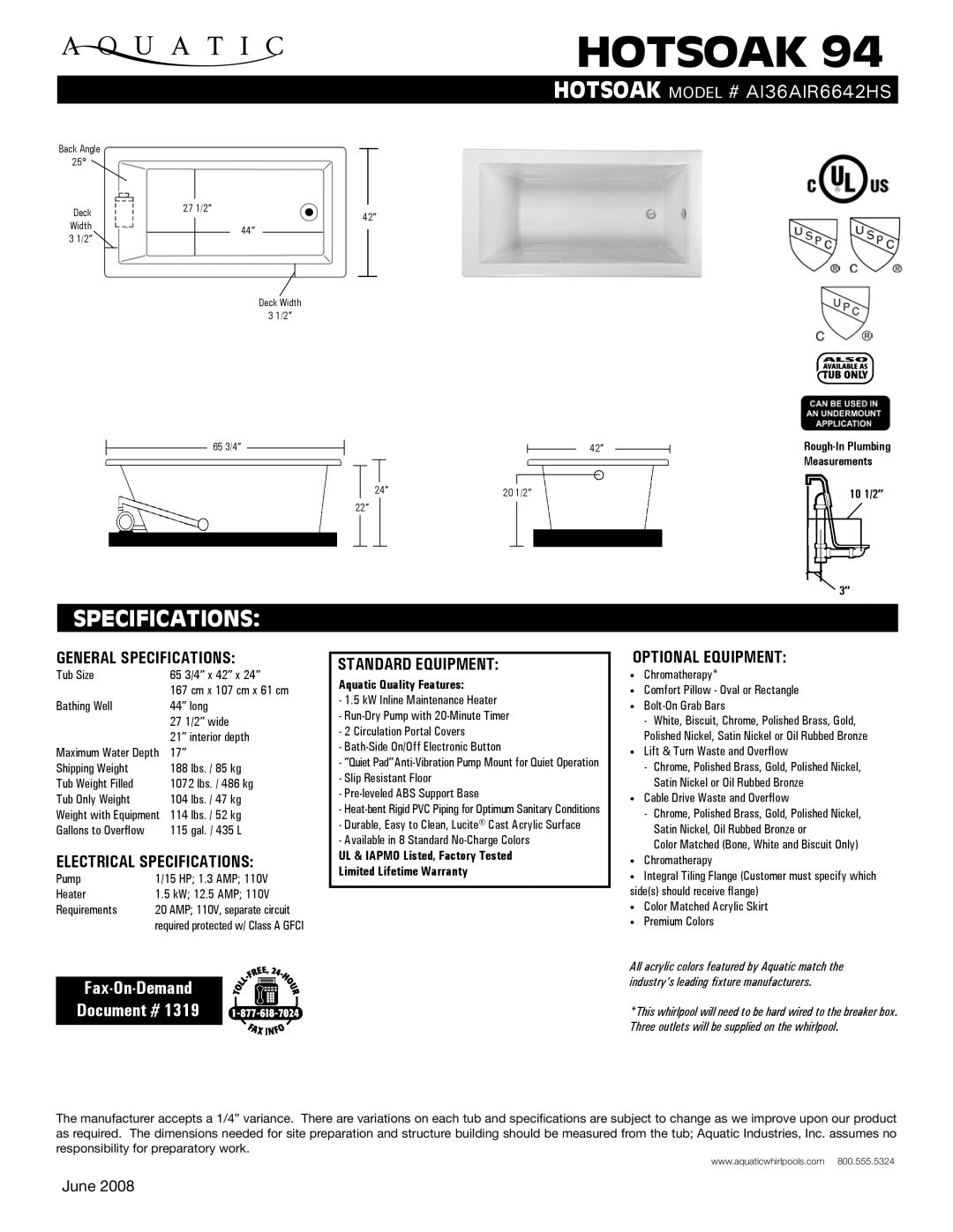 Aquatic AI36AIR6642HS specifications General Specifications, Electrical Specifications, Standard equipment 