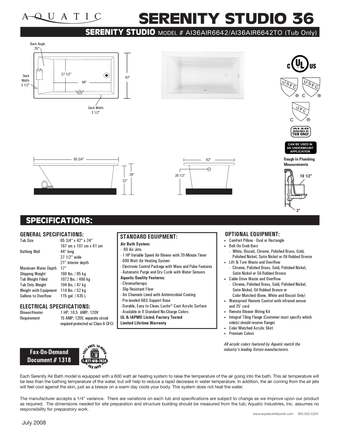 Aquatic AI36AIR6642TO specifications General Specifications, Electrical Specifications, Standard equipment 