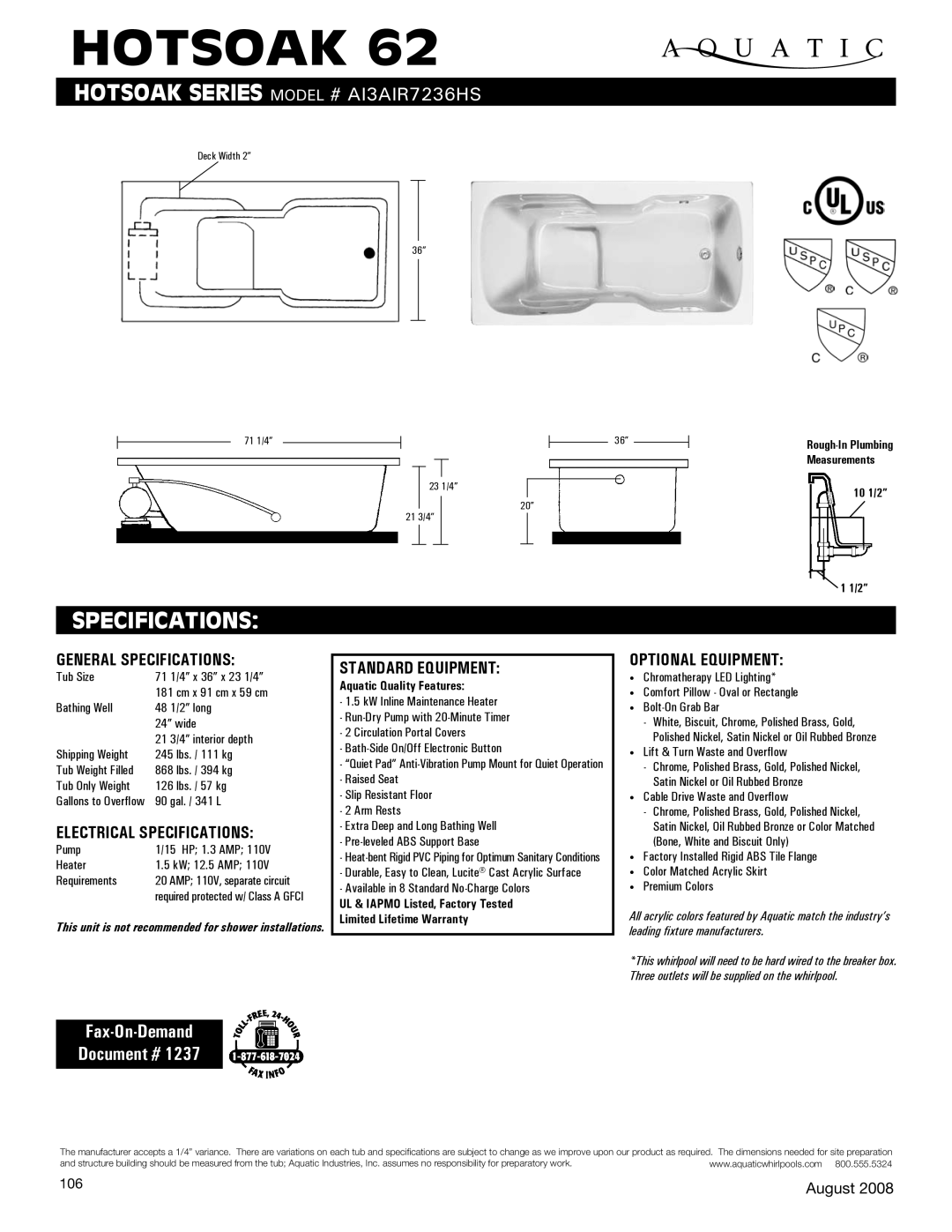 Aquatic AI3AIR7236HS specifications Hotsoak, Specifications, Fax-On-Demand Document # 