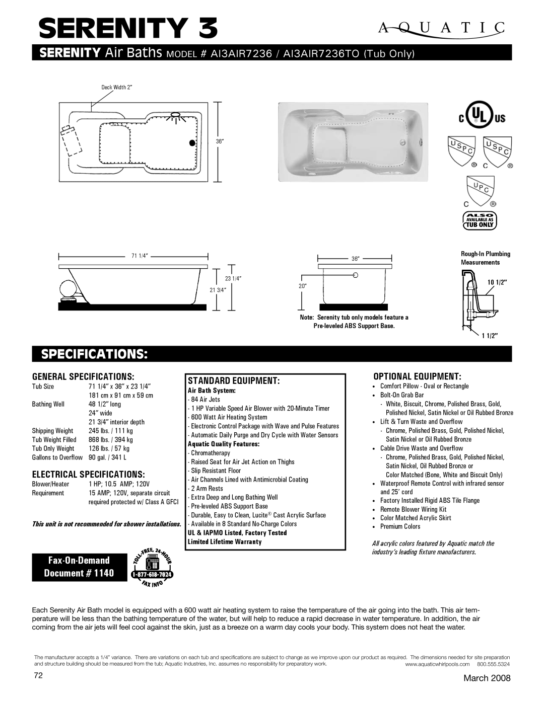 Aquatic AI3AIR7236TO specifications General Specifications, Electrical Specifications, Standard equipment 