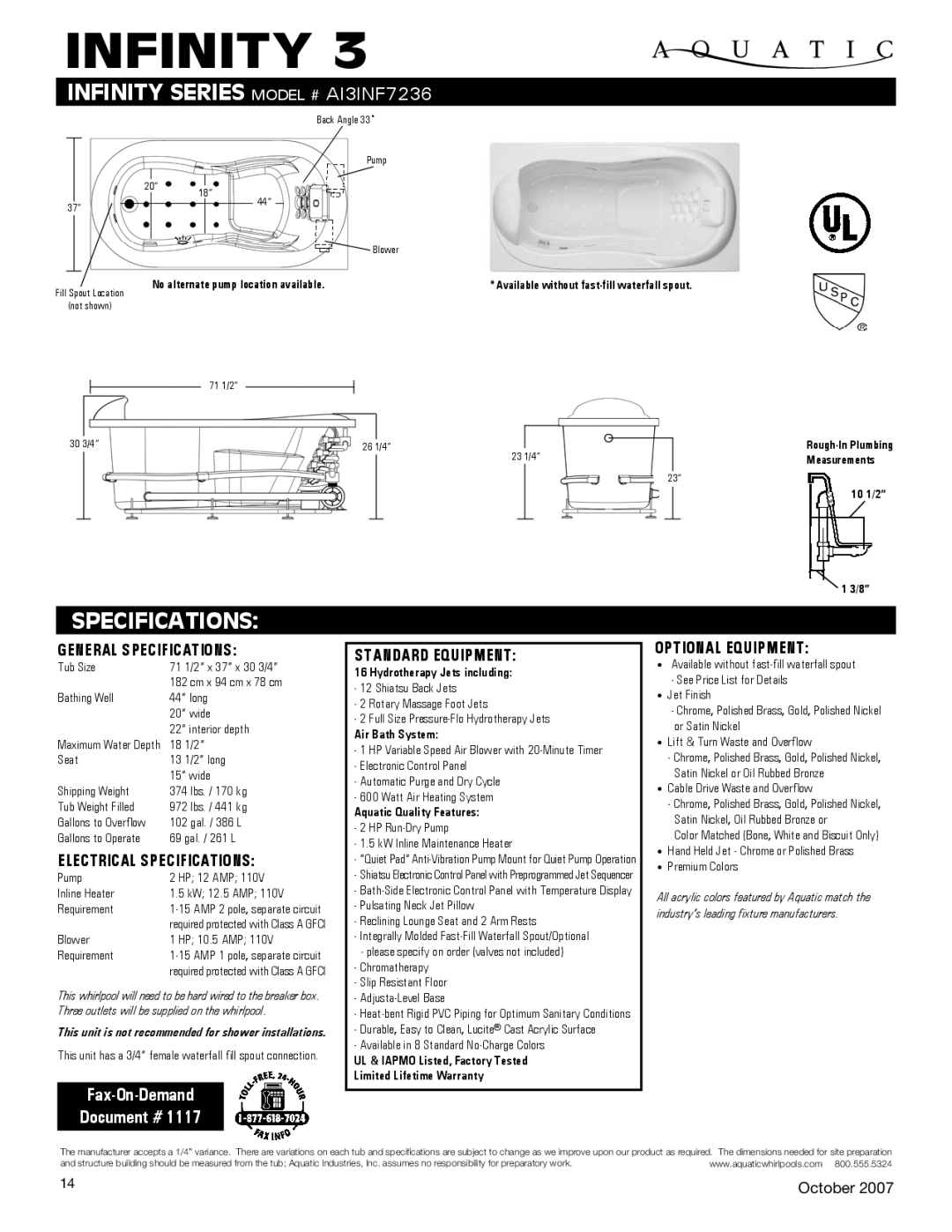 Aquatic AI3INF7236 specifications General Specifications, Electrical Specifications, Standard equipment 